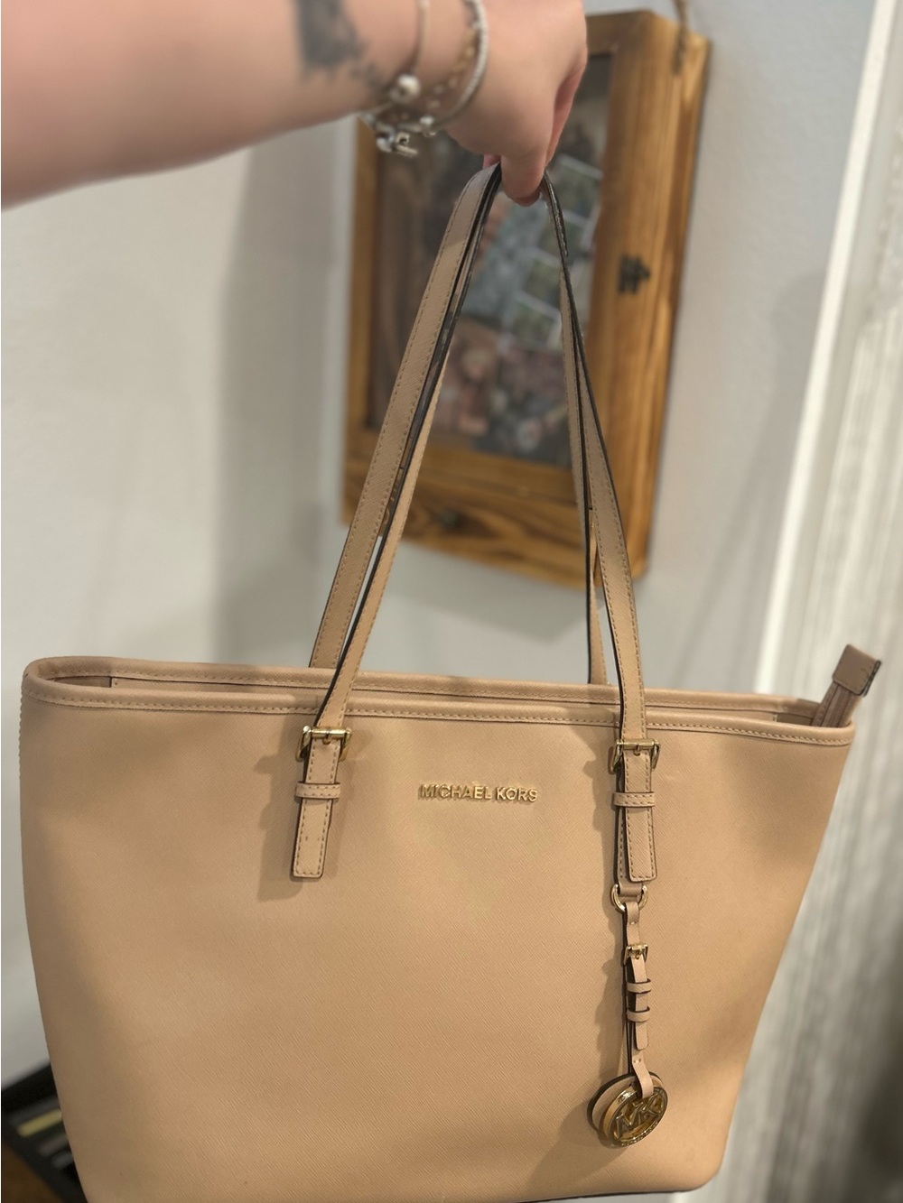 Michael Kors Beige Saffiano Tote with Gold Hardware